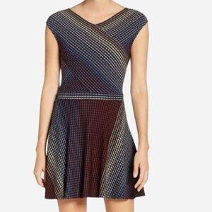 BCBGMaxAzria Jasmyne Skater Dress Size S Cap Sleeve V Neck Stretch Colorful